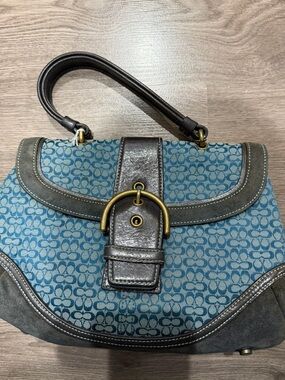 Coach Blue Signature Canvas Top-Handle Bag with Brown Leather Trim